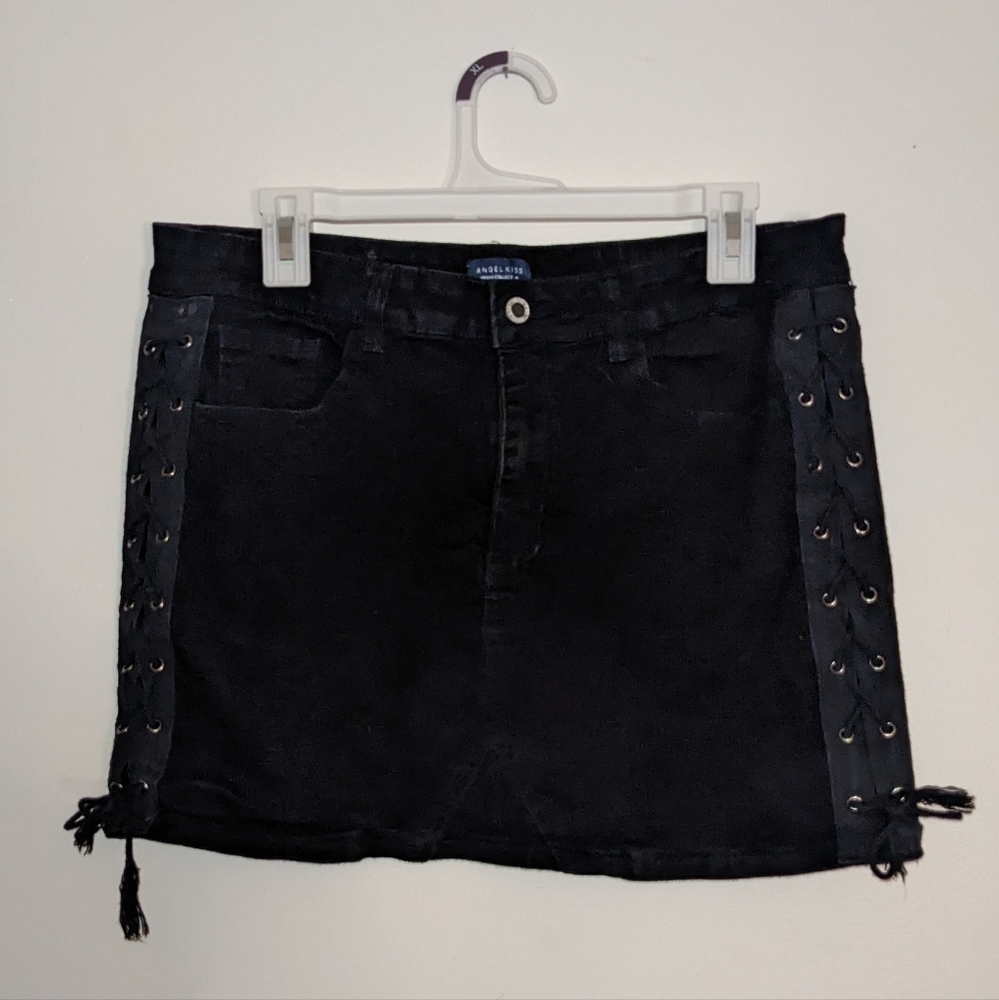 Black Denim Grommet Mini Skirt XL